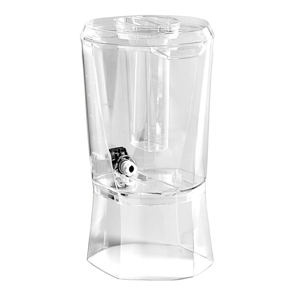 A clear acrylic beverage dispenser with a vertical ice core and a spigot, holding 3.5 gallons.