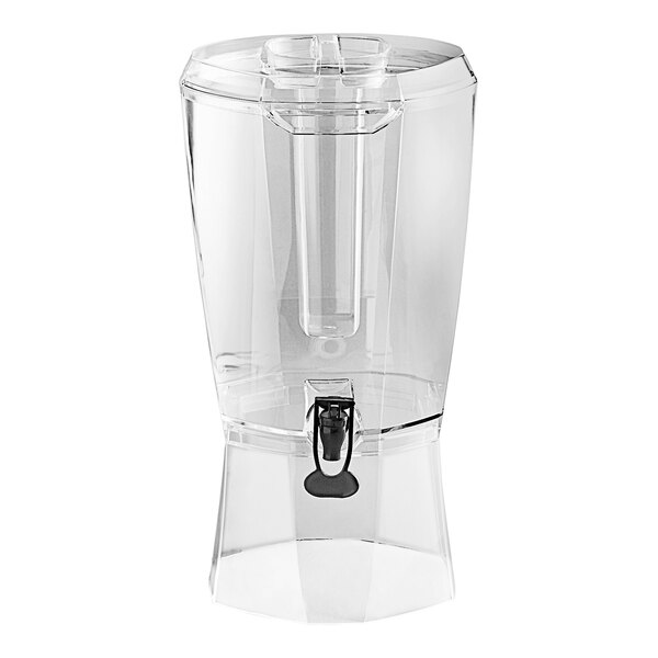 A clear acrylic beverage dispenser with a vertical ice core and a hands-free spigot, holding 3.5 gallons.
