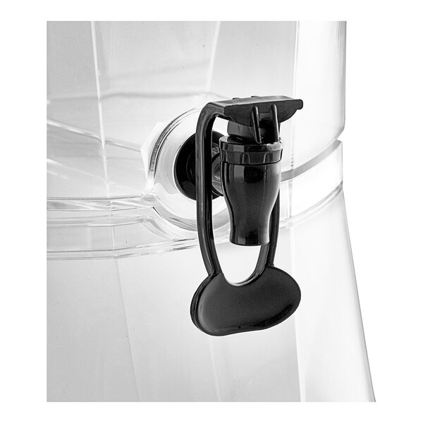 A clear acrylic beverage dispenser with a black hands-free spigot and a vertical ice core.