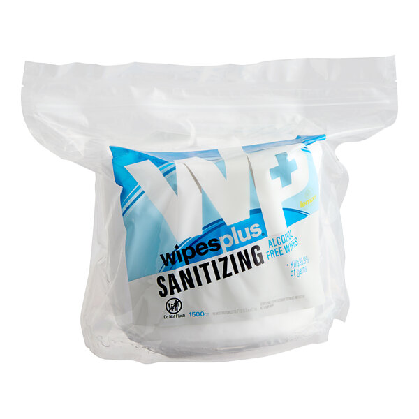 A WipesPlus bag of 1500 lemon scent hand sanitizing wipes.
