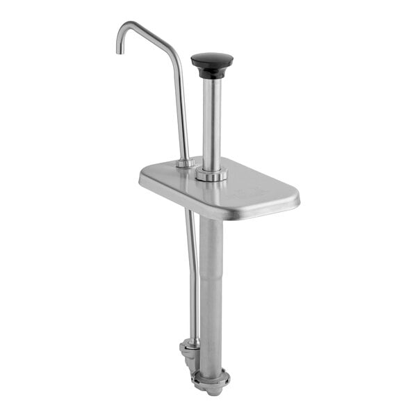 A stainless steel pump with a lid designed for dispensing from a 3.5 quart fountain jar.