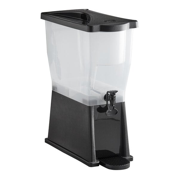 A black and clear 3-gallon slim beverage or juice dispenser with a hands-free spigot.