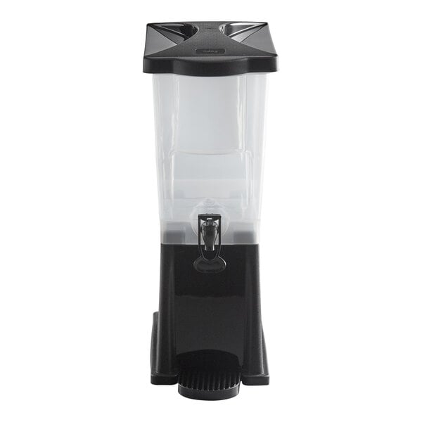 A black slim beverage or juice dispenser with a hands-free spout and a 3-gallon capacity.