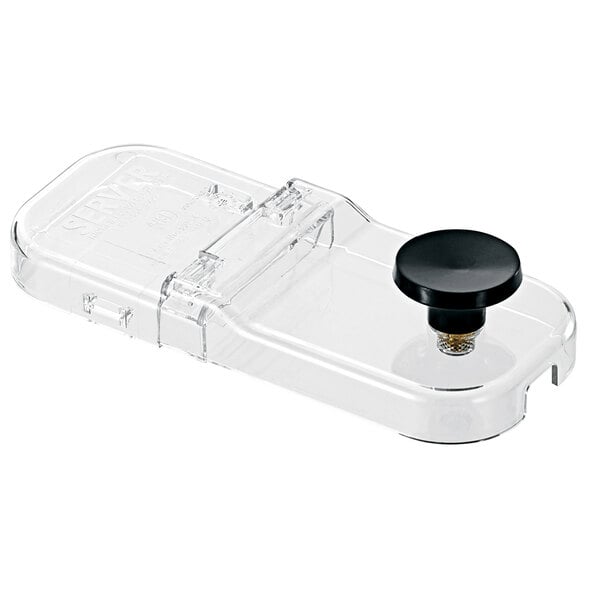 A clear plastic lid with a black knob for a Server slim fountain jar.