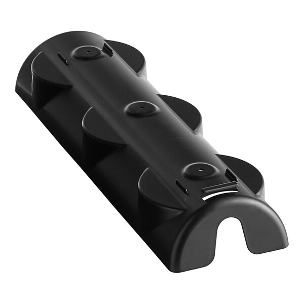 A black plastic San Jamar cup and lid organizer tray with four holes.