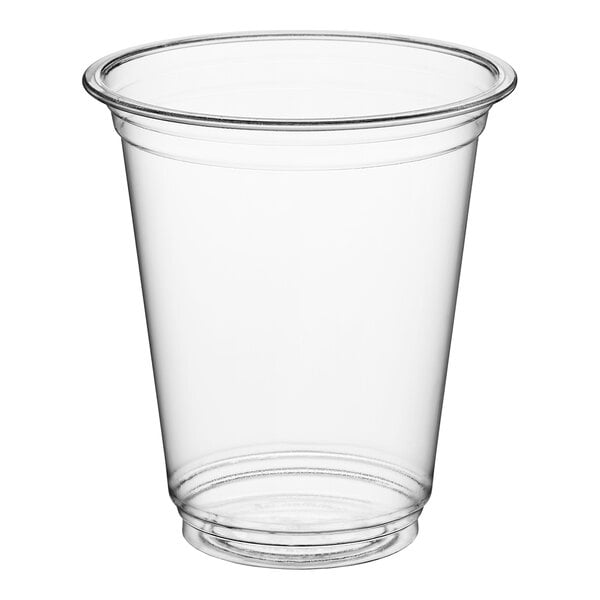 A clear, empty plastic cup with a slightly flared rim and smooth sides.