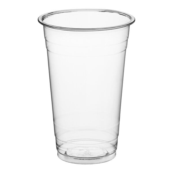 A clear, disposable plastic cup with a slightly flared rim and smooth sides.