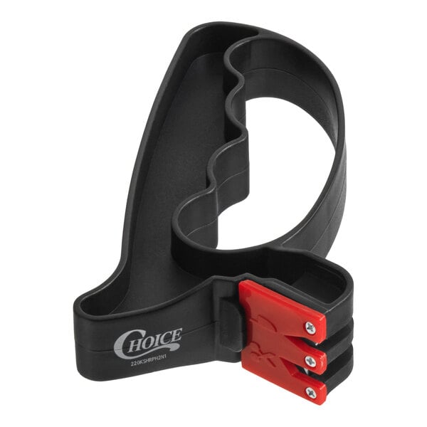 A handheld knife and kitchen shear sharpener with a black handle and red sharpening slots.