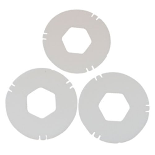 Three white circular gaskets with a hexagon in the middle.