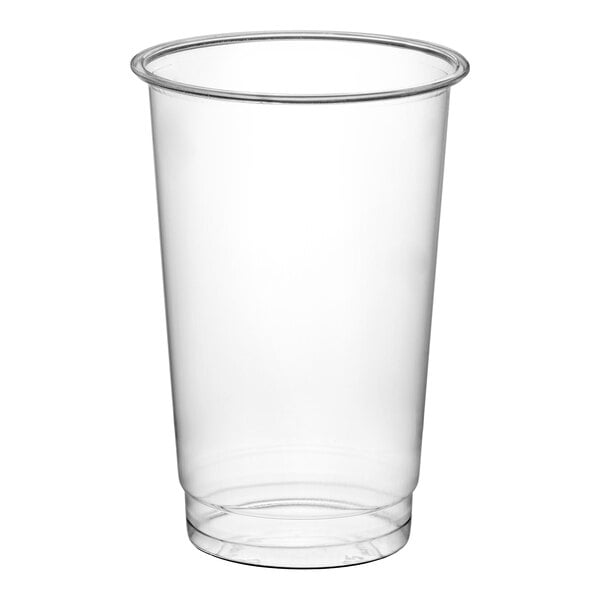 A clear, empty plastic cup with a slightly flared rim and smooth sides.