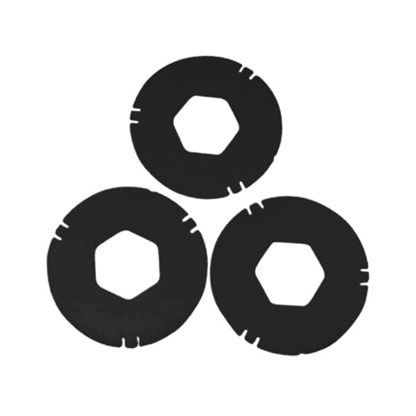 A group of three black circular gaskets.