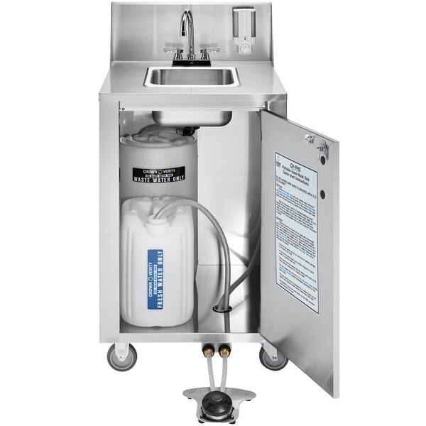 A Crown Verity portable stainless steel sink with a white water tank.