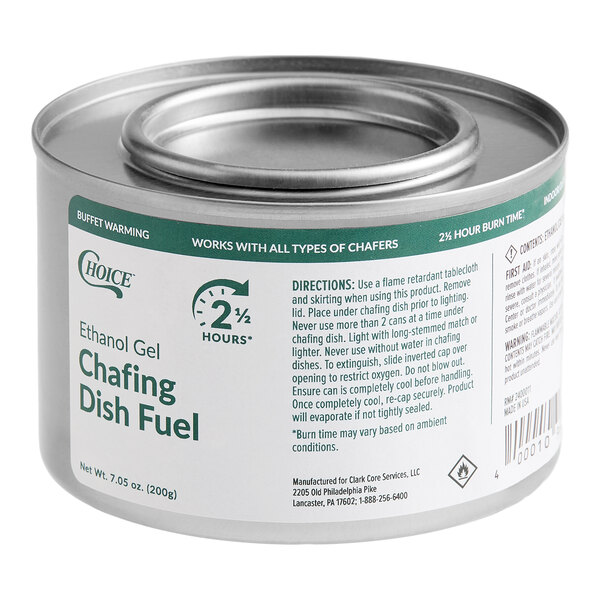 A can of Choice brand ethanol gel chafing dish fuel with a 2.5 hour burn time.