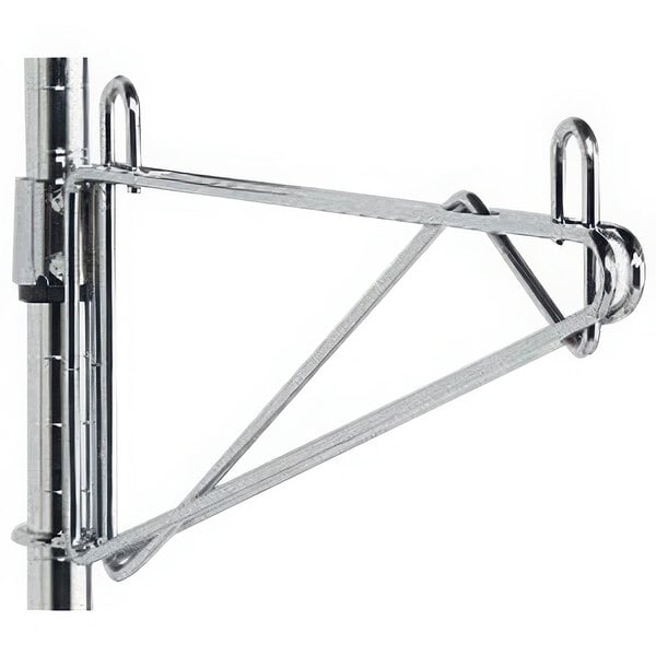 A stainless steel Metro wall mount shelf support pole with metal clips.