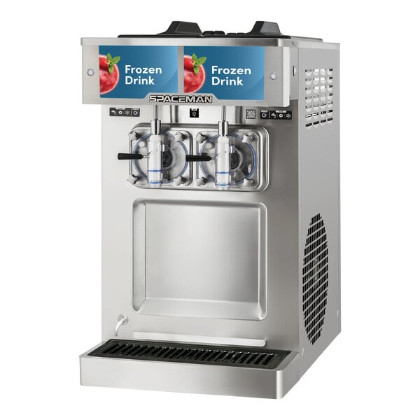 A stainless steel countertop frozen drink machine with two bowls for slushy or granita beverages.