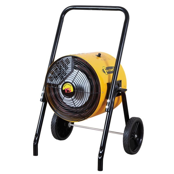 A yellow and black Fostoria portable electric salamander heater on wheels.