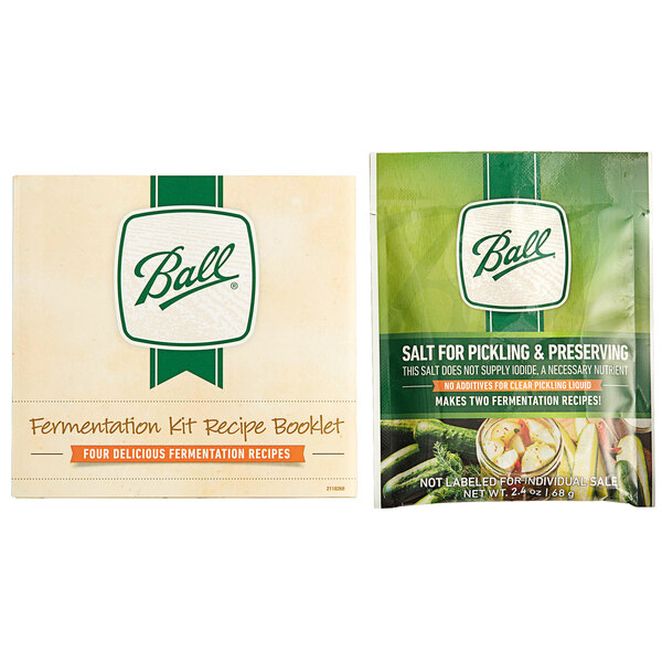 A Ball wide mouth glass fermentation kit with two packages of salt.