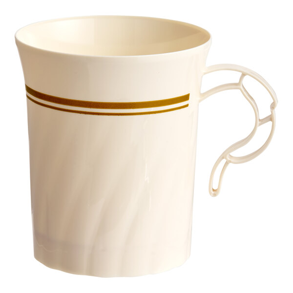 An ivory plastic coffee cup with gold accent stripes and a decorative handle.