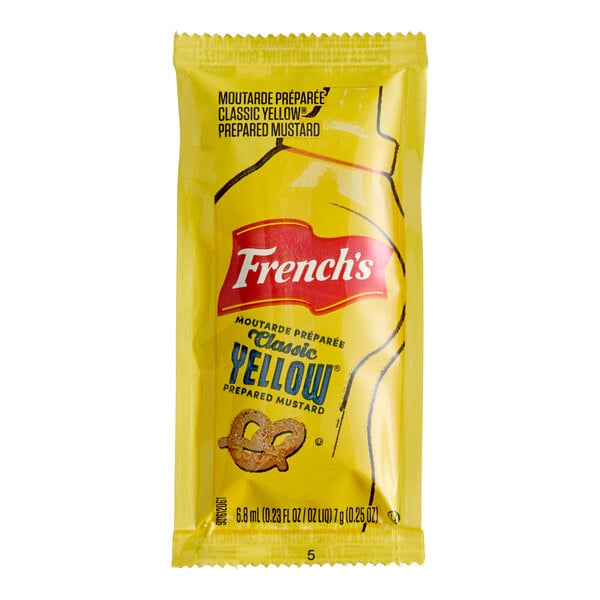 A single-serve packet of French's Classic Yellow Mustard.