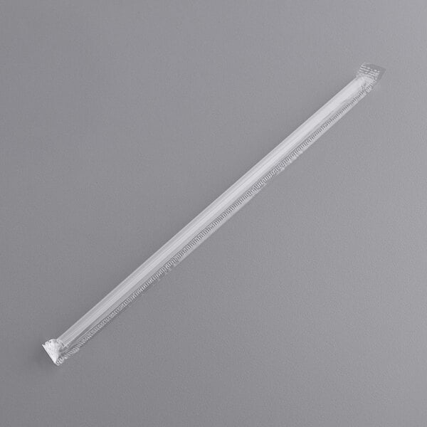 A white plastic Choice jumbo straw in a plastic wrapper.