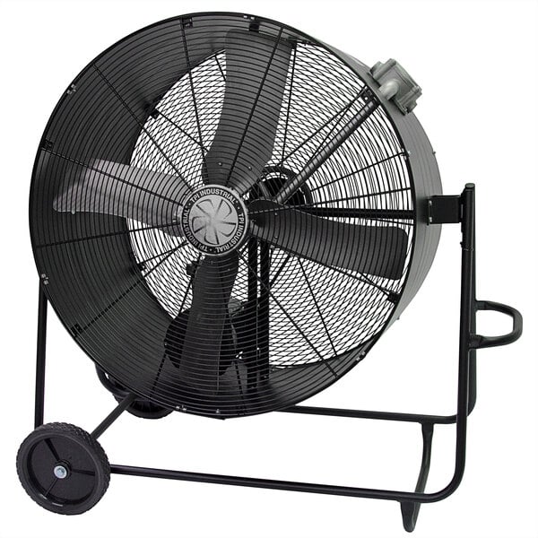 A large black fan with a silver handle.