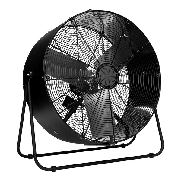 A black TPI industrial mini drum fan on a stand.