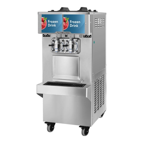 A stainless steel floor model frozen drink machine with two bowls and labeled for slushy or granita drinks.