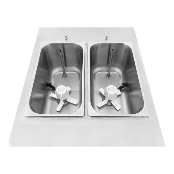 A stainless steel two-bowl slushy or granita frozen drink machine with internal mixing paddles.