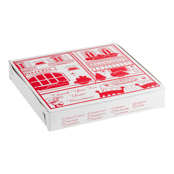 A white 12-inch square pizza box with red printed graphics and customizable options for pizza toppings.