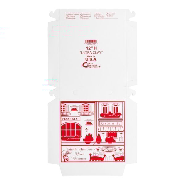A flat, white, clay-coated 12-inch pizza box with red printed designs and customizable options.