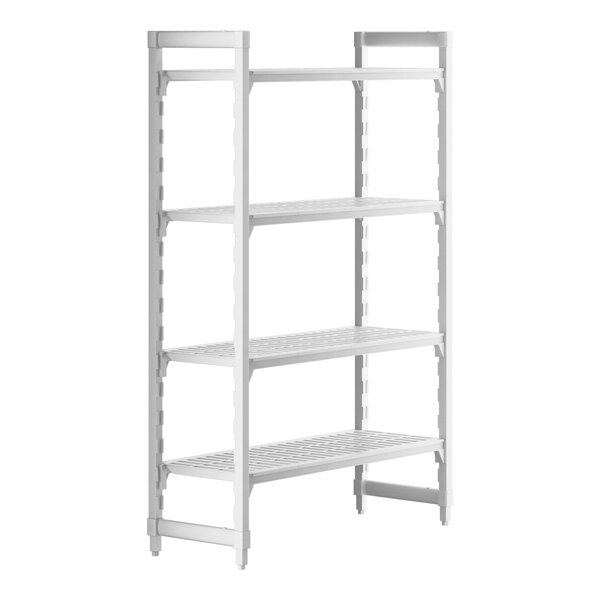 A white plastic Cambro shelving unit with 4 vented shelves.