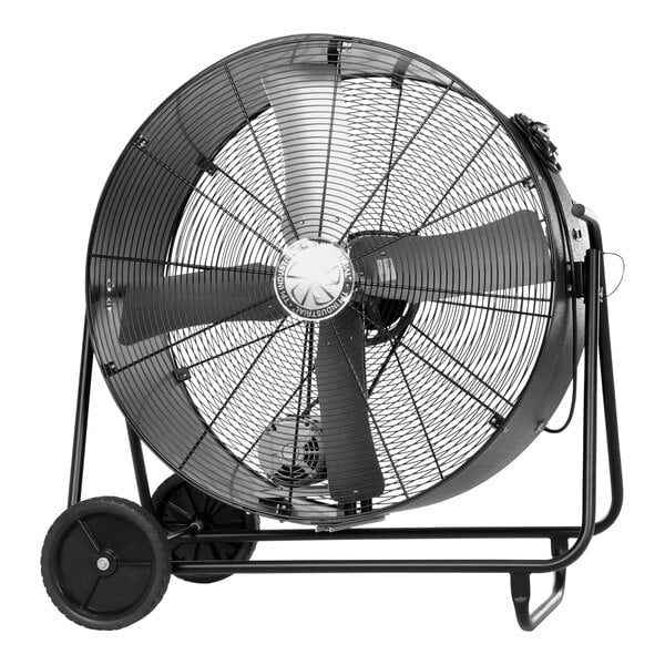 A large black TPI industrial drum fan on wheels.