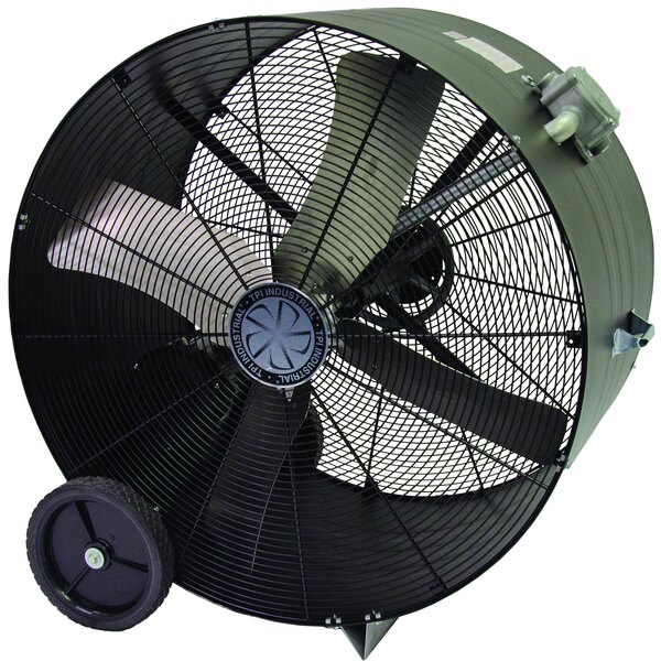 A large black TPI industrial drum fan with wheels.