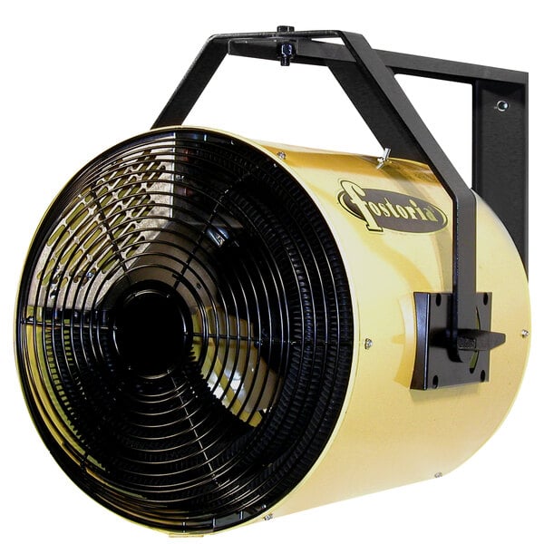 A yellow and black TPI Heat Wave electric salamander heater fan.