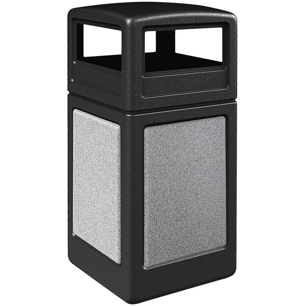 a black and grey trash can