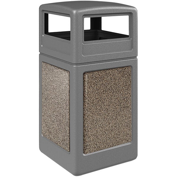 a grey rectangular trash can