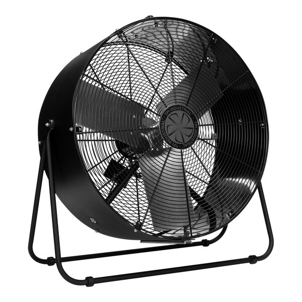 A black TPI industrial mini drum fan on a stand.