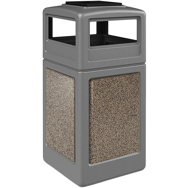 A gray Commercial Zone StoneTec rectangular waste receptacle with Riverstone panels and an ashtray dome lid.