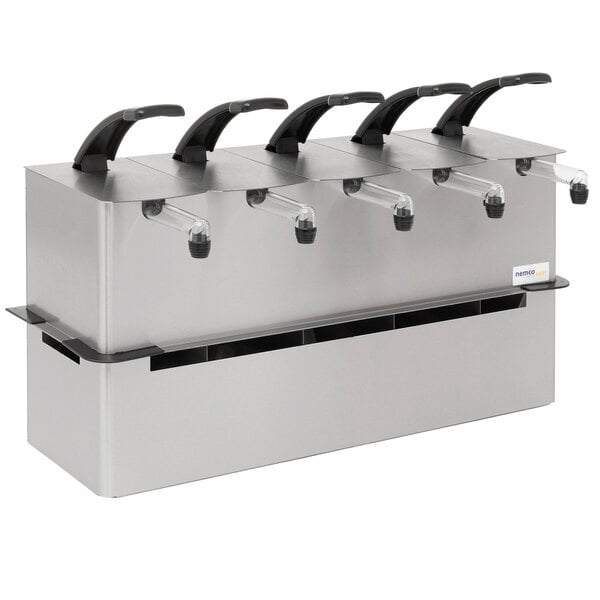 A stainless steel rectangular Nemco pump dispenser with black handles.