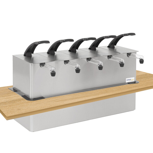 A stainless steel Nemco quintuple pump dispenser for pouches with black handles.