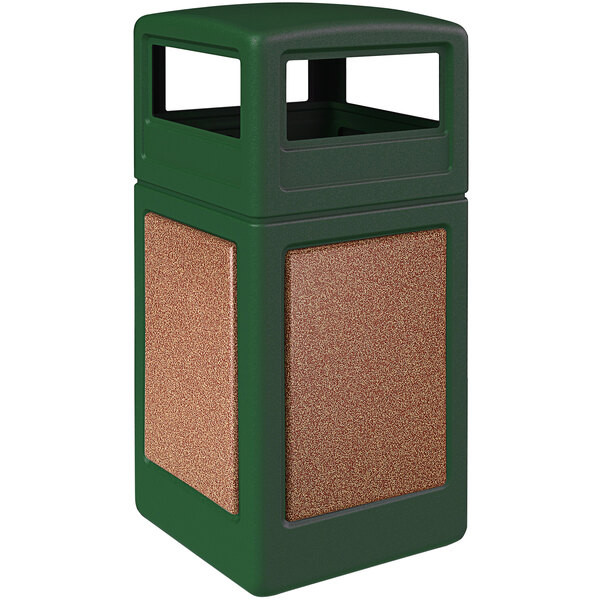 A forest green rectangular StoneTec trash can with brown and green panels and a dome lid.