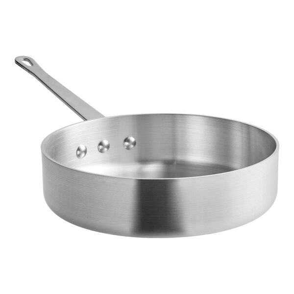 A stainless steel saute pan with a long handle and a 3-quart capacity.