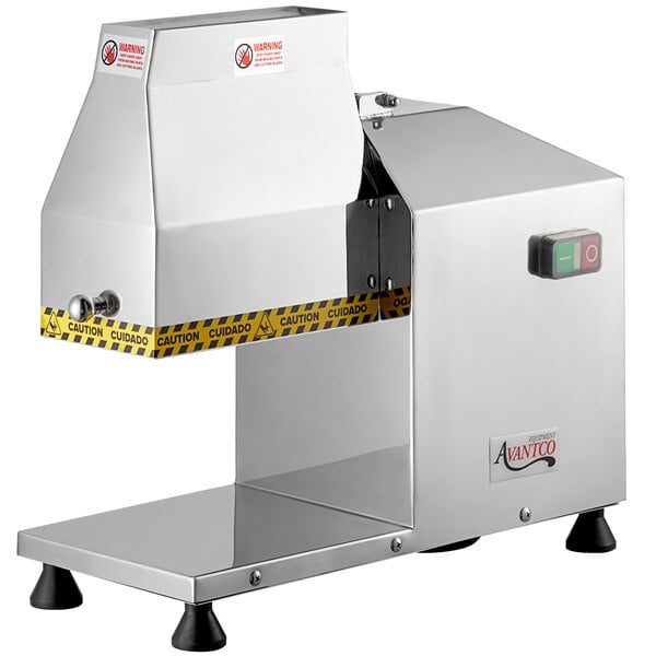 An Avantco stainless steel meat tenderizer machine with a yellow attachment.