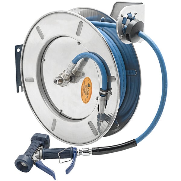 A T&S stainless steel hose reel with a hose attached.