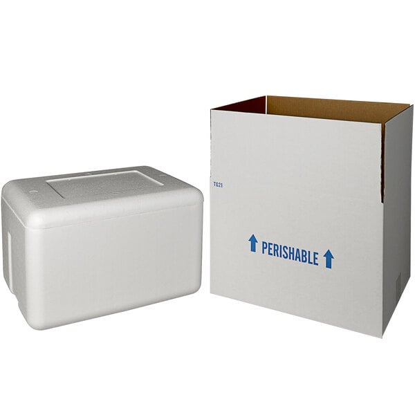 A white insulated shipping box with a white foam cooler inside.