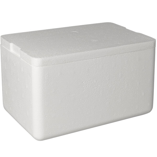 A white styrofoam cooler with a lid.