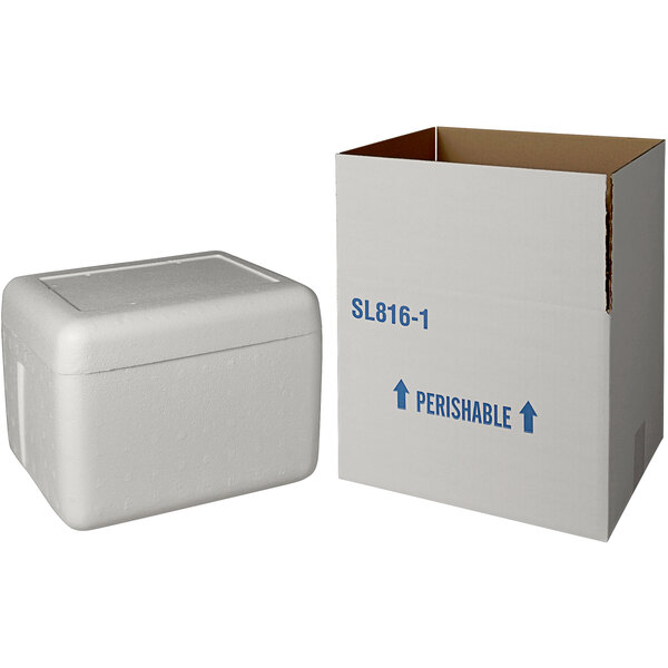 A white insulated shipping box with a white styrofoam cooler inside.