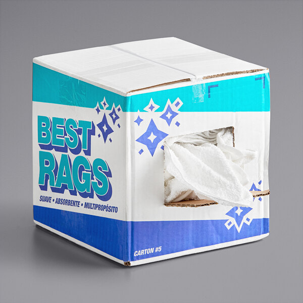 A box of Monarch Brands white terry cloth rags with a hole in it.
