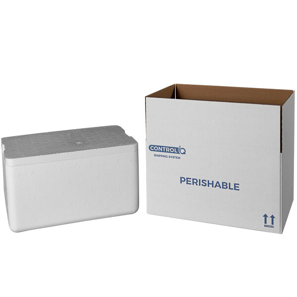 A white insulated shipping box with a white foam cooler inside.