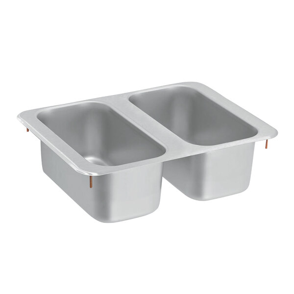 a silver double sink with two holes